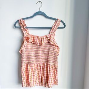 Ruffled Smocked Bodice Plaid Sleeveless Top